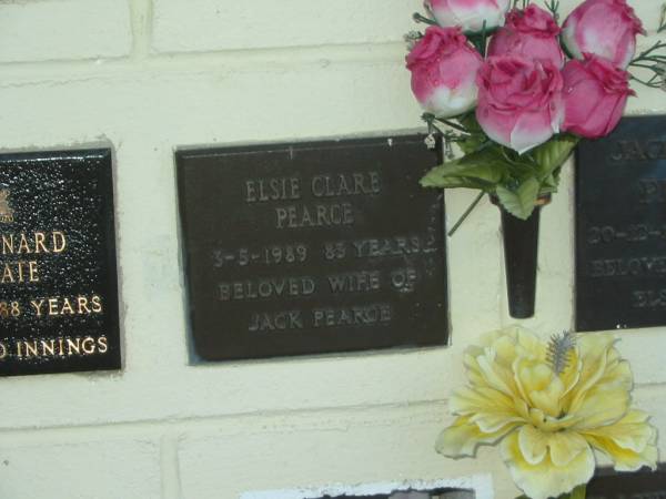 Elsie Clare PEARCE,  | died 3-5-1989 aged 83 years,  | wife of Jack PEARCE;  | Polson Cemetery, Hervey Bay  | 