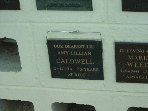 Amy Lillian CALDWELL,  | died 2-11-94 aged 78 years;  | Polson Cemetery, Hervey Bay  | 