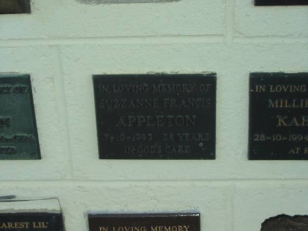 Suzzanne Francis APPLETON,  | died 7-10-1993 aged 38 years;  | Polson Cemetery, Hervey Bay  | 