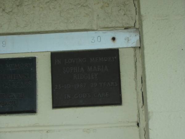 Sophia Maria RIDGLEY,  | died 23-10-1987 aged 29 years;  | Polson Cemetery, Hervey Bay  | 