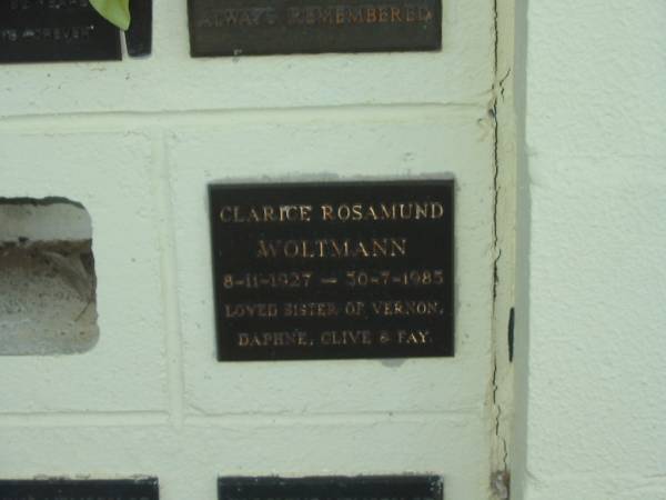 Clarice Rosamund WOLTMANN,  | 8-11-1927 - 30-7-1985,  | sister of Vernon, Daphne, Clive & Fay;  | Polson Cemetery, Hervey Bay  | 