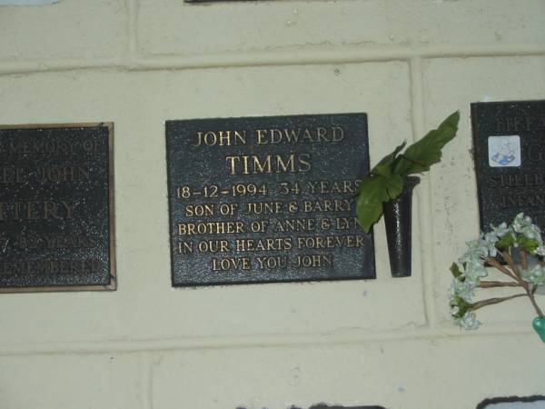 John Edward TIMMS,  | died 18-12-1994 aged 34 years,  | son of June & Barry,  | brother of Anne & Lyn;  | Polson Cemetery, Hervey Bay  | 