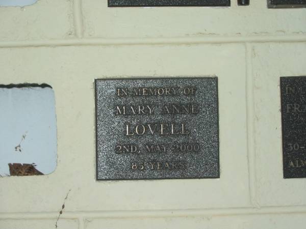 Mary Anne LOVELL,  | died 2 May 2000 aged 85 years;  | Polson Cemetery, Hervey Bay  | 