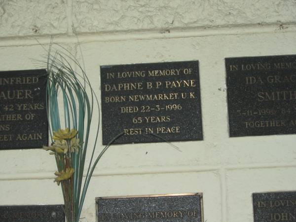 Daphne B.P. PAYNE,  | born Newmarket U.K.,  | died 22-3-1996 aged 65 years;  | Polson Cemetery, Hervey Bay  | 
