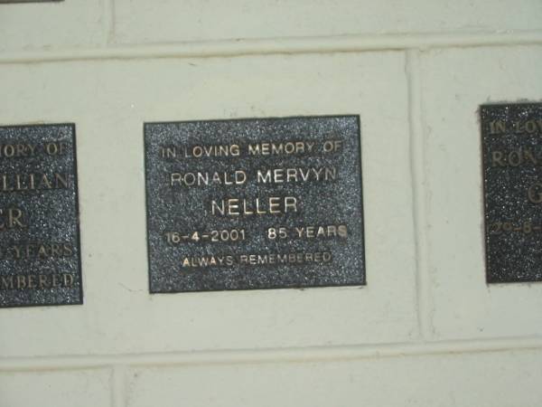 Ronald Mervyn NELLER,  | died 16-4-2001 aged 85 years;  | Polson Cemetery, Hervey Bay  | 