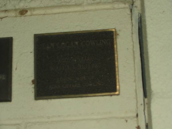 Jean Logan COWLING,  | 30-4-1915 - 31-10-2001 aged 86 years,  | wife of Alan Giffard COWLING;  | Polson Cemetery, Hervey Bay  | [[REDO]]  |   | 