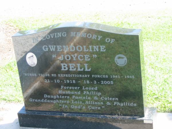 Gwendoline (Joyce) BELL,  | 21-10-1918 - 18-3-2005,  | husband Phillip,  | daughters Pamela & Coleen,  | granddaughters Lois, Allison & Phyllida;  | Polson Cemetery, Hervey Bay  | 