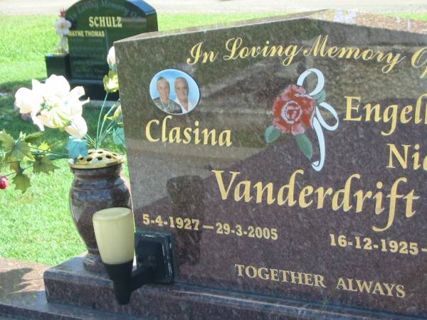 Clasina VANDERDRIFT,  | 5-4-1927 - 29-3-2005;  | Engelbertus Nicolaas VANDERDRIFT,  | 16-12-1925 - [not dead?];  | Polson Cemetery, Hervey Bay  | 