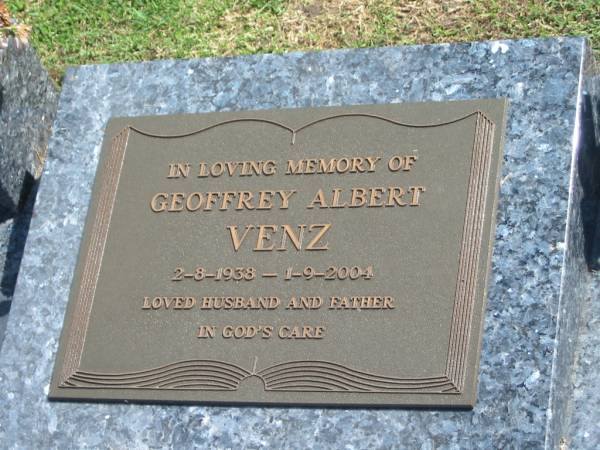Geoffrey Albert VENZ,  | 2-8-1938 - 1-9-2004,  | husband father;  | Polson Cemetery, Hervey Bay  | 