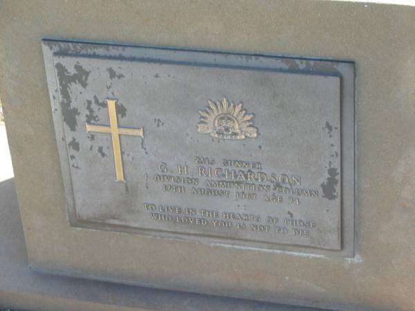 G.H. RICHARDSON,  | died 17 Aug 1967 aged 74 years;  | Polson Cemetery, Hervey Bay  | 