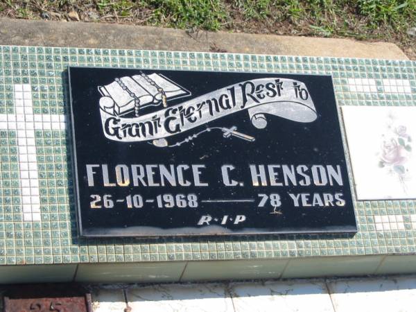 Florence C. HENSON,  | died 26-10-1968 aged 78 years;  | Polson Cemetery, Hervey Bay  | 