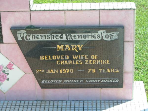 Charles,  | husband of Mary ZERNIKE,  | father,  | died 16 Sept 1972 aged 76 years;  | Mary,  | wife of Charles ZERNIKE,  | mother,  | died 2 Jan 1970 aged 79 years;  | Polson Cemetery, Hervey Bay  | 