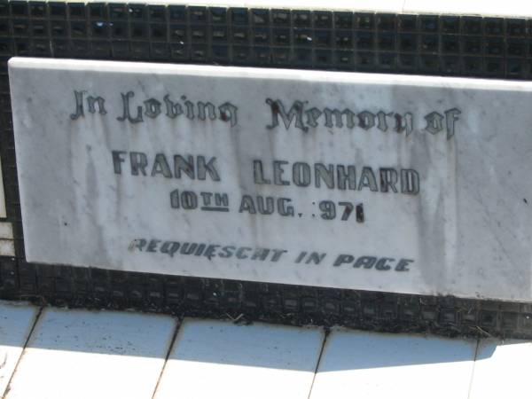 Frank LEONHARD,  | died 10 Aug 1971;  | Polson Cemetery, Hervey Bay  | 