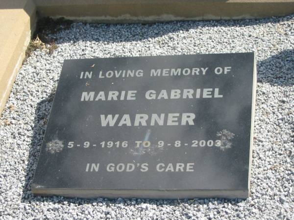 G.W.H. WARNER,  | died 30 June 1998 aged 78 years,  | husband;  | Marie Gabriel WARNER,  | 5-9-1916 - 9-8-2003;  | Polson Cemetery, Hervey Bay  | 