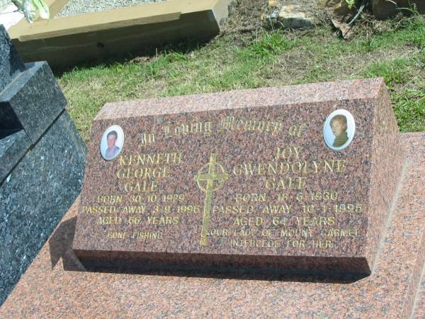 Kenneth George GALE,  | born 30-10-1929,  | died 3-9-1996 aged 66 years;  | Joy Gwendolyne GALE,  | born 18-6-1930,  | died 10-1-1995 aged 64 years;  | Polson Cemetery, Hervey Bay  | 