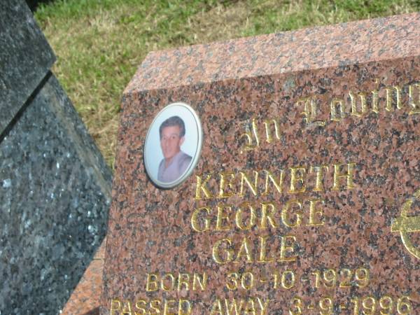 Kenneth George GALE,  | born 30-10-1929,  | died 3-9-1996 aged 66 years;  | Joy Gwendolyne GALE,  | born 18-6-1930,  | died 10-1-1995 aged 64 years;  | Polson Cemetery, Hervey Bay  | 