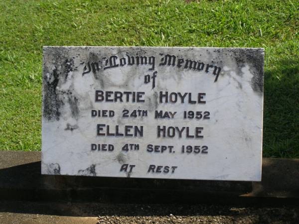 Bertie HOYLE,  | died 24 May 1952;  | Ellen HOYLE,  | died 4 Sept 1952;  | Polson Cemetery, Hervey Bay  | 