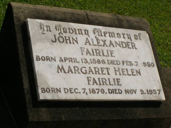 John Alexander FAIRLIE,  | born 13 April 1866,  | died 7 Feb 1950;  | Margaret Helen FAIRLIE,  | born 7 Dec 1870,  | died 9 Nov 1957;  | Polson Cemetery, Hervey Bay  | 