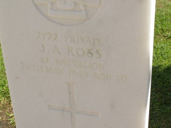 J.A. ROSS,  | died 26 May 1949 aged 50 years;  | Polson Cemetery, Hervey Bay  | 
