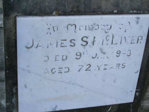 James S. MCLIVER,  | died 9 Jan 1943 aged 72 years;  | Polson Cemetery, Hervey Bay  | 