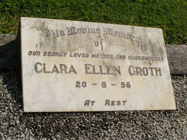 Clara Ellen GROTH,  | mother grandmother,  | died 20-8-56;  | Sophia Beryl GROTH,  | aunt,  | died 15 Jan 1996;  | Polson Cemetery, Hervey Bay  | 