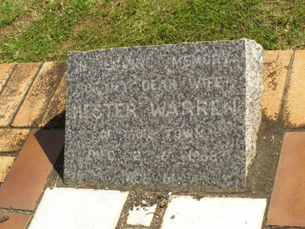 Hester WARREN,  | wife,  | of Cape Town,  | died 2-6-1968;  | Polson Cemetery, Hervey Bay  | 