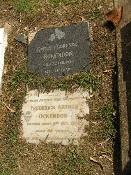 Emily Florence OCKENDON,  | died 7 Feb 1974 aged 98 years;  | Frederick Arthur OCKENDEN,  | father grandfather,  | died 5 Oct 1972 aged 68 years;  | Polson Cemetery, Hervey Bay  | 
