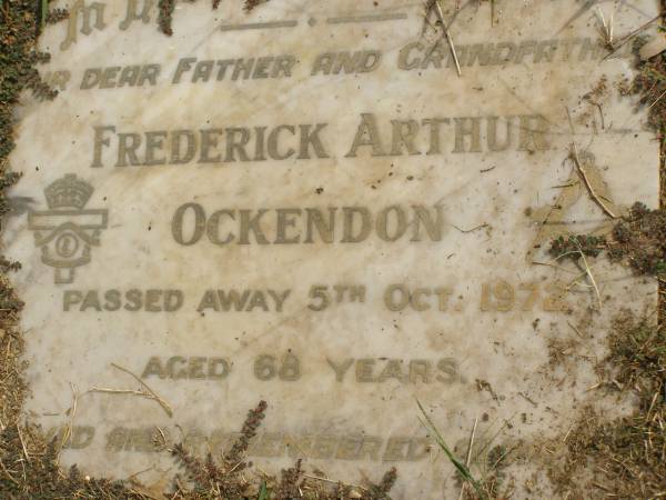 Emily Florence OCKENDON,  | died 7 Feb 1974 aged 98 years;  | Frederick Arthur OCKENDEN,  | father grandfather,  | died 5 Oct 1972 aged 68 years;  | Polson Cemetery, Hervey Bay  | 