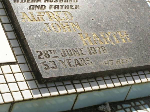 Alfred John HARTH,  | husband father,  | died 28 June 1978 aged 53 years;  | Polson Cemetery, Hervey Bay  | 