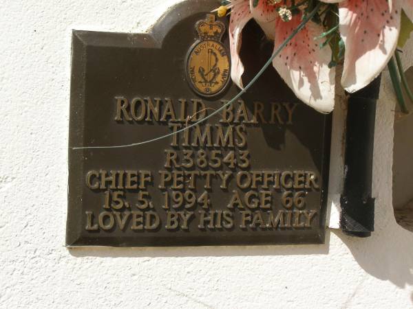 Ronald Barry TIMMS,  | died 15-5-1994 aged 66 years;  | Polson Cemetery, Hervey Bay  | 