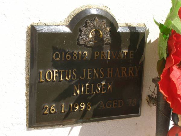 Loftus Jens Harry NIELSEN,  | died 26-1-1998 aged 78 years;  | Polson Cemetery, Hervey Bay  | 