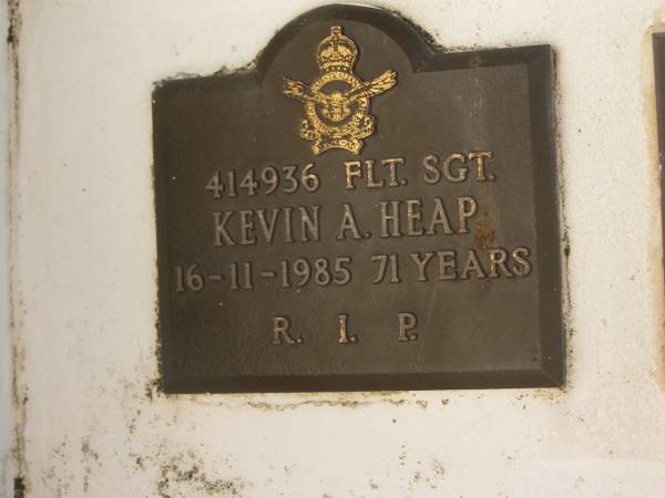 Kevin A. HEAP,  | died 16-11-1985 aged 71 years;  | Polson Cemetery, Hervey Bay  | 
