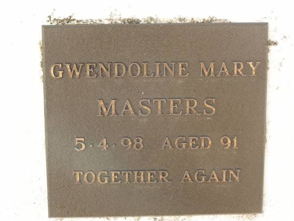 Gwendoline Mary MASTERS,  | died 5-4-98 aged 91 years;  | Polson Cemetery, Hervey Bay  | 