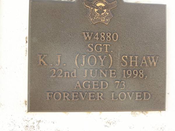 K.J. (Joy) SHAW,  | died 22 June 1998 aged 73 years;  | Polson Cemetery, Hervey Bay  | 