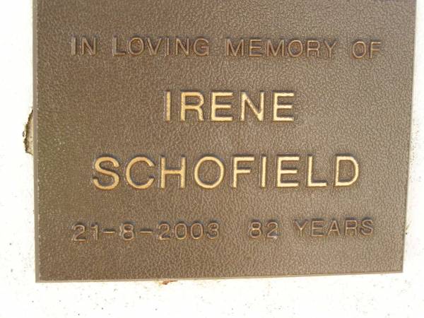 Irene SCHOFIELD,  | died 21-8-2003 aged 82 years;  | Polson Cemetery, Hervey Bay  | 