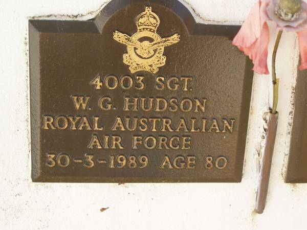 W.G. HUDSON,  | died 30-3-1989 aged 80 years;  | Polson Cemetery, Hervey Bay  | 