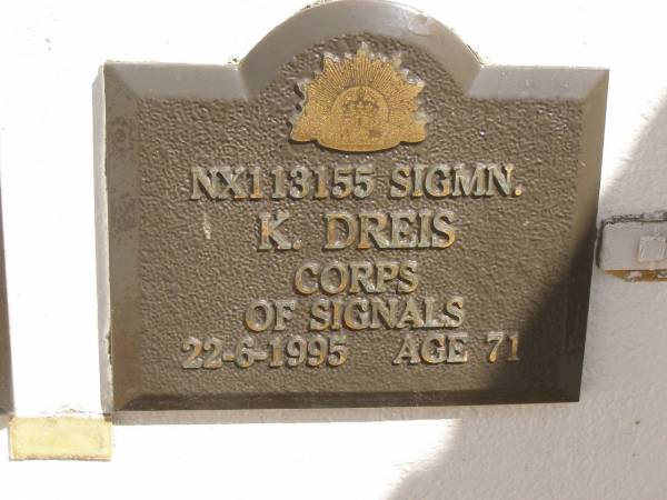 K. DREIS,  | died 22-6-1995 aged 71 years;  | Polson Cemetery, Hervey Bay  | 