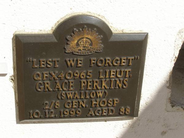 Grace PERKINS (SWALLOW),  | died 10-12-1999 aged 88 years;  | Polson Cemetery, Hervey Bay  | 