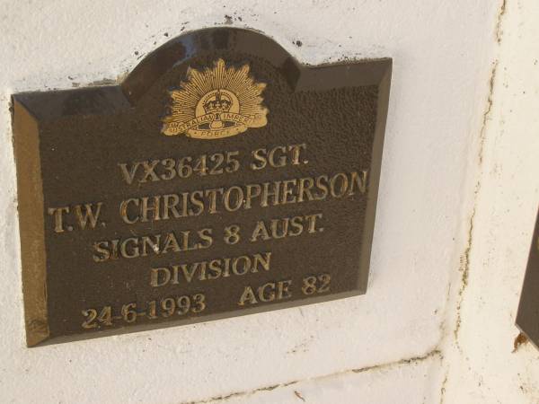 T.W. CHRISTOPHERSON,  | died 24-6-1993 aged 82 years;  | Polson Cemetery, Hervey Bay  | 