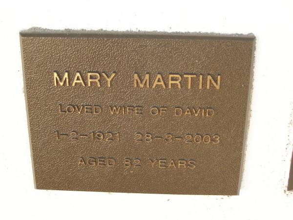 Mary MARTIN,  | wife of David,  | 1-2-1921 - 28-3-2003 aged 82 years;  | Polson Cemetery, Hervey Bay  | 