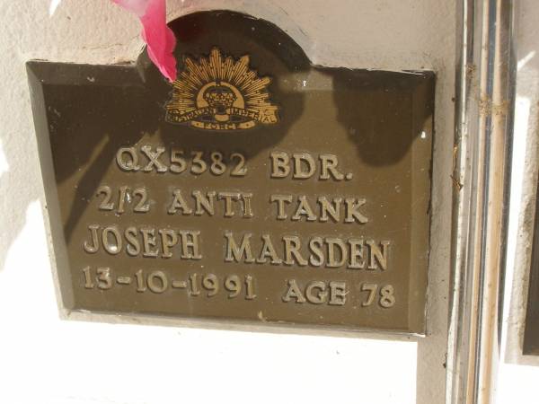 Joseph MARSDEN,  | died 13-10-1991 aged 78 years;  | Polson Cemetery, Hervey Bay  | 