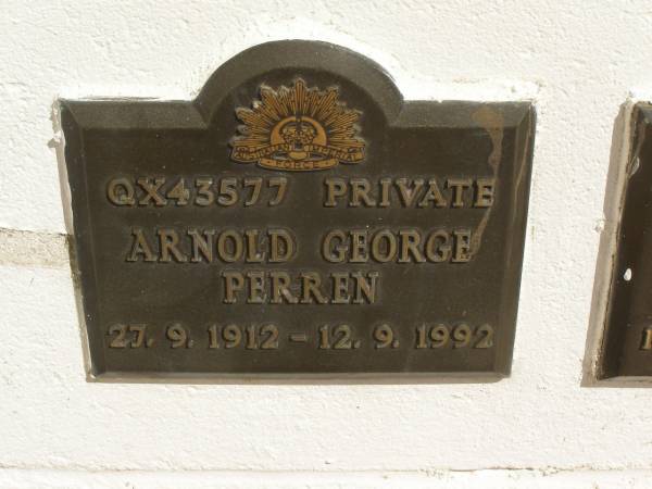 Arnold George PERREN,  | died 27-9-1912 - 12-9-1992;  | Polson Cemetery, Hervey Bay  | 