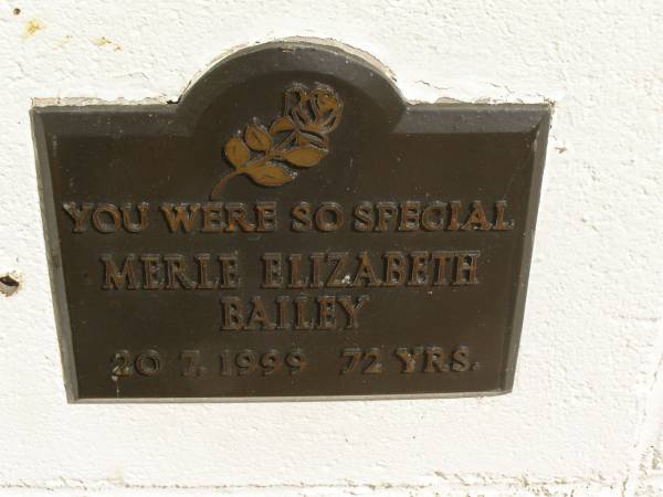 Merle Elizabeth BAILEY,  | died 20-7-1999 aged 72 years;  | Polson Cemetery, Hervey Bay  | 