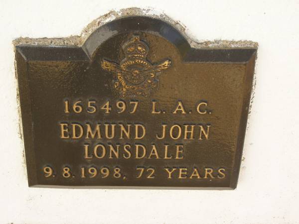 Edmund John LONSDALE,  | died 9-8-1998 aged 72 years;  | Polson Cemetery, Hervey Bay  | 