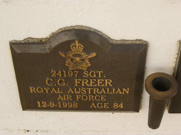 C.G. FREER,  | died 12-9-1998 aged 84 years;  | Polson Cemetery, Hervey Bay  | 