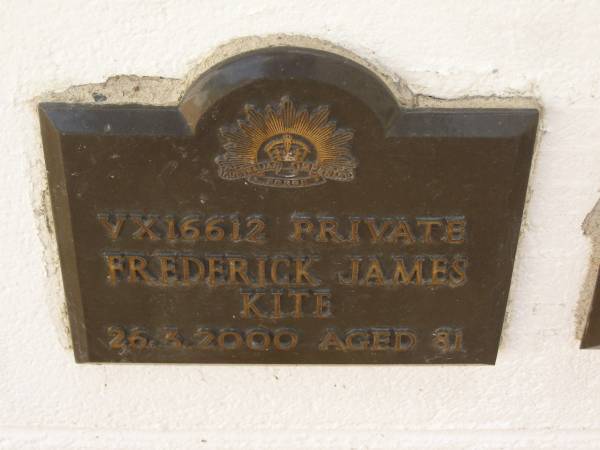 Frederick James KITE,  | died 26-3-2000 aged 81 years;  | Polson Cemetery, Hervey Bay  | 