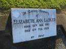 
Elizabeth Ann LAIDLER,
born 18 Aug 1901,
died 6 Feb 1926;
Polson Cemetery, Hervey Bay
