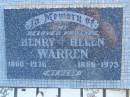 
Henry WARREN,
1860 - 1936;
Helen WARREN,
1886 - 1875;
parents;
Polson Cemetery, Hervey Bay
