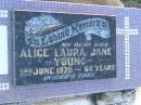 Alice Laura Jane YOUNG, wife, died 3 June 1970 aged 74 years; Polson Cemetery, Hervey Bay 