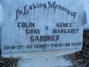 Colin Gray GARDNER, died 20-10-57 aged 40 years; Agnes Margaret GARDNER, died 7-8-81 aged 60 years; Polson Cemetery, Hervey Bay 